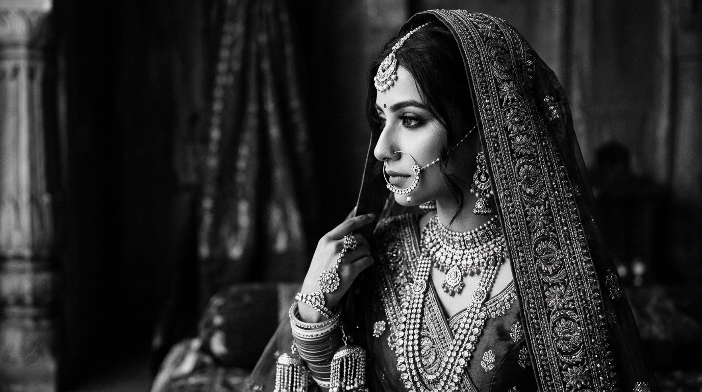 Black-and-white side profile of an Indian bride with jasmine in her hair and intricate bridal jewellery