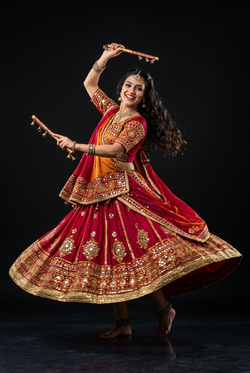 A woman on the left dancing Garba in red and gold