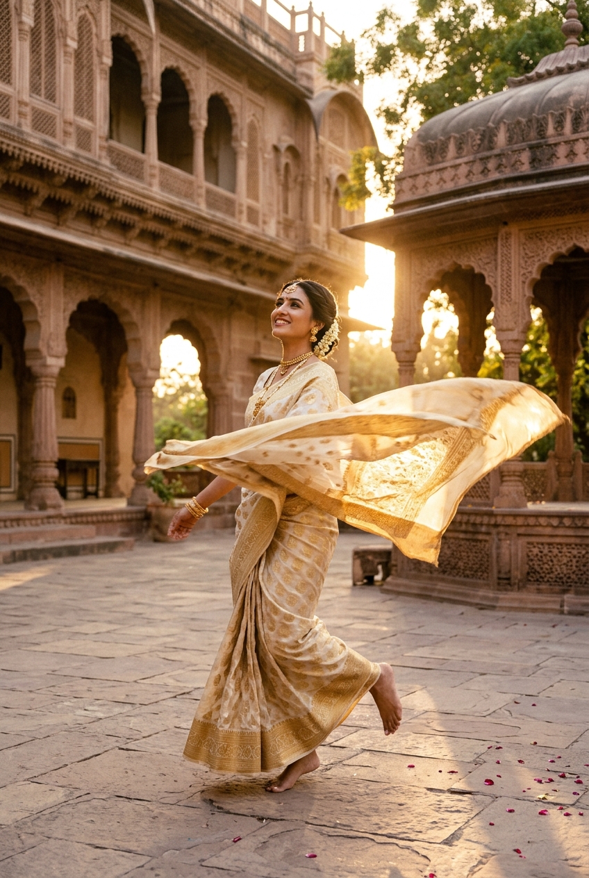 An Indian woman in an ivory saree with red and gold borders, in a graceful dance pose